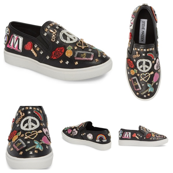 Steve Madden • Girls Kids Black Faux Leather slip on embellish sneaker [13]